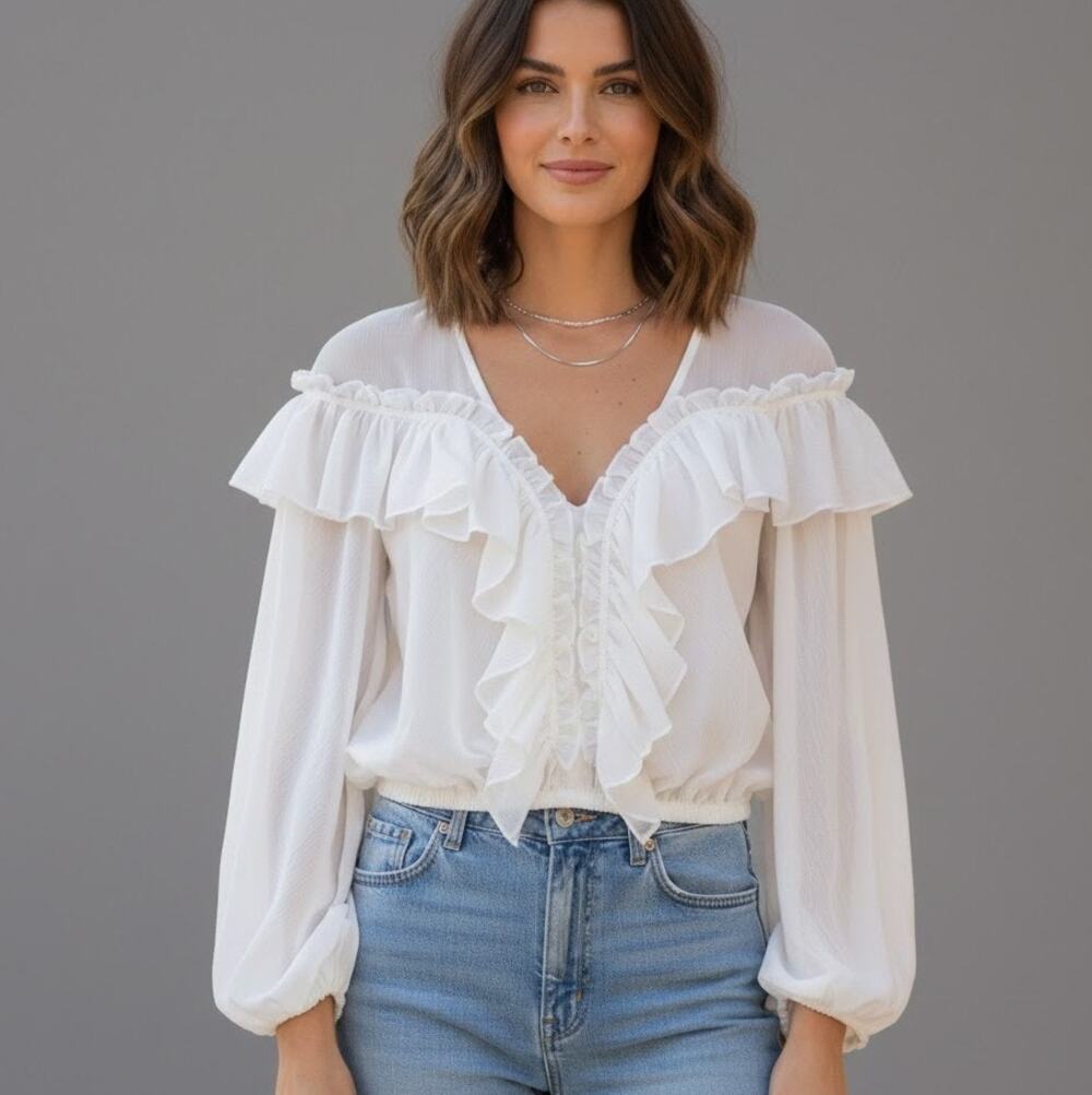 Jonathan Simkhai Night Night Collection Romantic Ruffled Sheer Bloouse